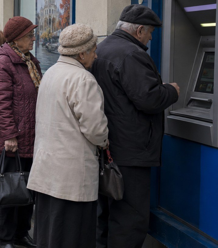 Ilustrație cu persoane în vârstă lângă un bancomat